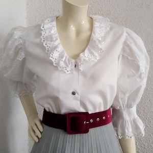 80s folk blouse cutwork lace blouse puffy sleeve edwardian victorian style blouse broderie ruffled collar blouse romantic cottagecore blouse