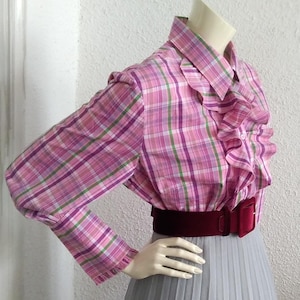 90s MARCO PECCI checkered blouse ruffled collar blouse pink purple blouse elegant mutton sleeve blouse cotton plaid blouse button up shirt