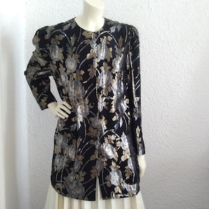 Blazer de lurex de los años 80, blazer de fiesta con estampado floral, blazer de noche brillante, blazer elegante con purpurina, blazer brillante, chaqueta botánica con mangas abullonadas, talla 40