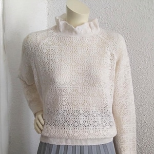 2000 MANGO koronkowy sweter dzianinowy letni sweter z falbaniastym kołnierzem delikatny beżowy sweter cottagecore sweter z oczkami na drutach podstawowy sweter