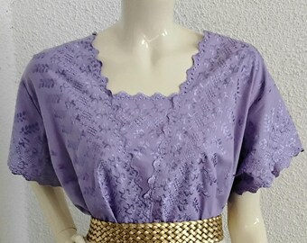 Jaren 80 paarse blouse zomerblouse romantische kanten blouse geborduurde blouse lila blouse 46/48 EU-maat katoenen blouse vrouwelijke cottagecore blouse