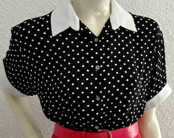 80s polka dots blouse black white elegant statement blouse button up shirt white collar and cuffs romantic top