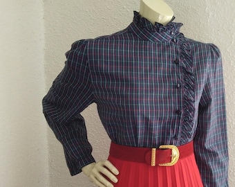 70s checkered retro blouse ruffled collar blouse asymmetric collar blouse C&A spring blouse plaid multicolor top dark blue prairie blouse