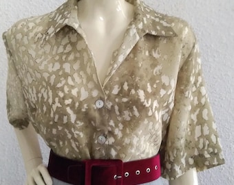 90s animal print blouse 16 US size C&A minimalist simple green top V-neck basic