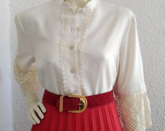 70s folk blouse lace blouse bishop collar beige neutral color blouse bell sleeve romantic cottagecore blouse spring elegant statement blouse