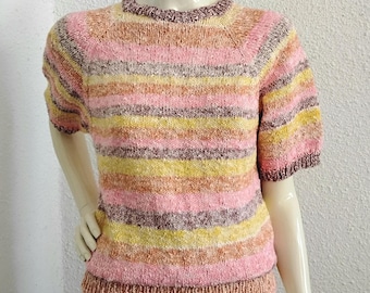 Blusa de punto a mano con estampado de colores pastel jaspeado de los años 80, blusa multicolor primaveral con bloques de color y top arcoíris