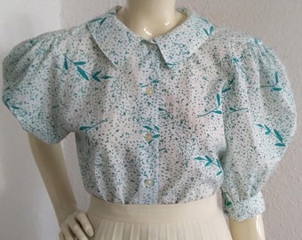 80er romantische Bluse Cottagecore Bluse Matrosenkragen Puffärmel Bluse edwardianische Bluse im viktorianischen Stil Polka Dots Bluse Blattprint Top