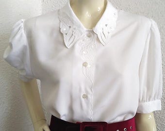 80s embroidered blouse cutwork lace blouse puffy sleeve minimalist simple blouse lace collar blouse romantic feminine blouse cottagecore top