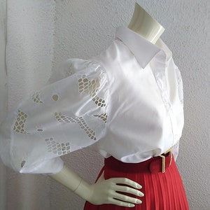 jaren 80 opengewerkte kanten blouse broderie anglaise pofmouwen edwardiaanse victoriaanse stijl blouse folk witte blouse Oostenrijkse boer blouse 46 maten