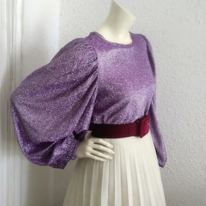 70s purple lurex blouse lilac shiny blouse balloon puffy sleeve 38 size extravagant party blouse glitter mauve blouse evening sparkle top