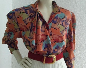 Jaren 80 blouse kleurrijke jabot blouse pofmouw edwardiaanse stijl blouse gegolfde kraag veelkleurige lente top statement blouse