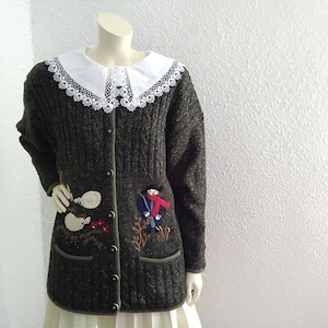 80s folk cardigan embroidered austrian cardigan L size farm scenic cardigan novelty cardigan farm wool acryl cardigan ribbed marled cardigan
