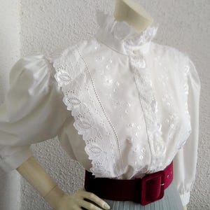 80s folk blouse cutwork lace blouse broderie blouse austrian tyrolean blouse puffy sleeve edwardian victorian style blouse ruffled collar