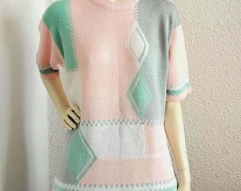 Blusa de punto con bloques de color de los años 80, blusa de punto multicolor pastel primaveral, blusa geométrica pop-art talla L