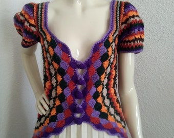 Jaren 70 gehaakt vest boho boho vest handgebreid vest veelkleurig hippievest kleurrijk kant vest peplum gehaakt vest vest met pofmouwen