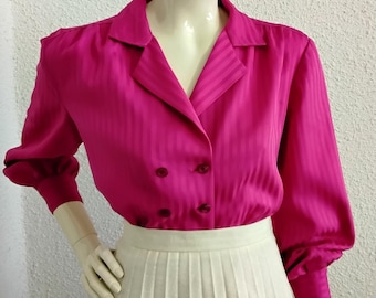 Blusa jacquard a rayas de los años 80, hecha a mano, con doble botonadura y cuello con muesca, camisa elegante y llamativa de color rosa.