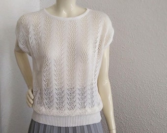 70s Does 40s Ivory Knitted Lace Blouse, Sheer Acrylic Top