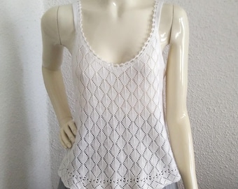 90s ONLY tank top spaghetti blouse sleeveless top white lace knitted blouse sheer-ish see through blouse beach top mesh top fishnet top