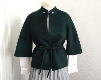 60s does 50s mod jacket mohair wool spring jacket 3/4 bell sleeve fluffy jacket dark forest green minimalist jacket peplum jacket elegant