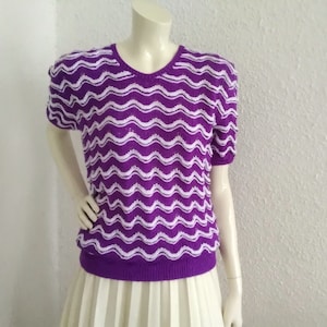 70s does 40s-50s purple white top knitted blouse spring sweater handknitted zig-zag sweater short sleeve sweater striped color block jumper