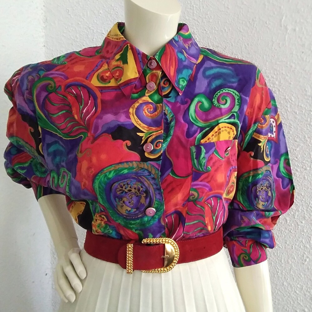 80S Givenchy En Plus Blouse 42 Size Colorful Silk Blouse Button Up Shirt Multicolor Baroque Shirt Elegant Vivid Blouse Designer Floral Top