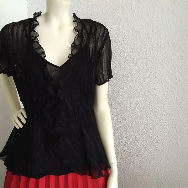 90s black sheer blouse gothic style top ribbed black blouse ruffled collar blouse grunge top crinkle black striped blouse tie waist blouse