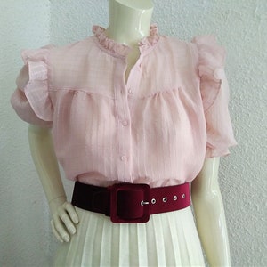 90s does 50s ruffled blouse dusted pink striped bloise sheer-ish feminine blouse puffy sleeve summer blouse ruffled collar cottagecore top
