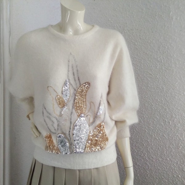 Women's Vintage Cream Embellished Angora 80s Jumper M/L