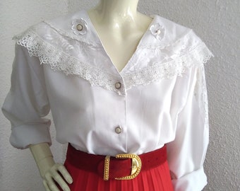80 lace collar blouse floral embellished blouse cottagecore romantic blouse puffy sleeve big puritan collar blouse edwardian style blouse