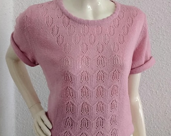 70s does 50s lace knitted top romantic boucle blouse dusted pink open knit sheer-ish
