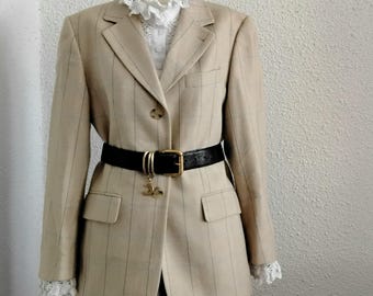 Blazer classique à chevrons des années 90, veste en laine et coton beige de style britannique 38 blazer élégant de taille européenne