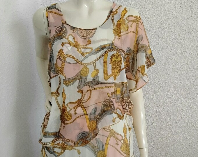 90s Multicolor Blouse Baroque Print Blouse Ruffled Asymmetric Sleeve ...