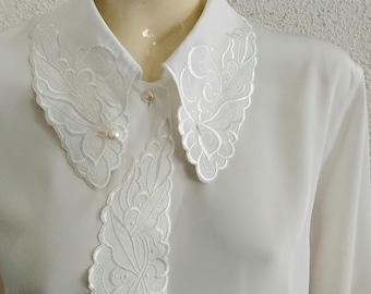 Bluzka z haftem w stylu lat 80. z koronkowym kołnierzykiem, romantyczna, kobieca bluzka z koronkowym kołnierzykiem, krojem cottagecore, rozmiar 12, elegancka, wyrazista bluzka