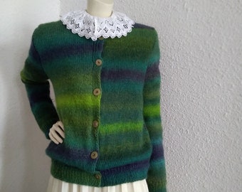 80s colorful cardigan green ombre cardigan soft fabric probably wool boxy warm cozy cardigan handknitted marled winter pop-art sweater