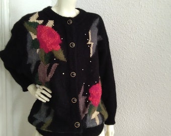 80s Mohair Cardigan Black Floral 