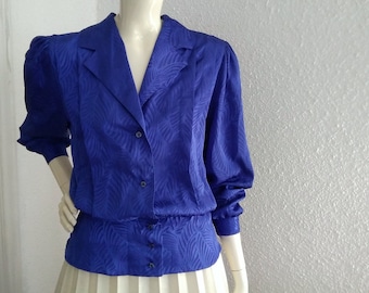 80er Jahre royalblaue Bluse FREDE MODELL Jacquard Bluse 38 Größe Puffärmel Schößchen Bluse elegante Statement Bluse Frühling Langarm Bluse