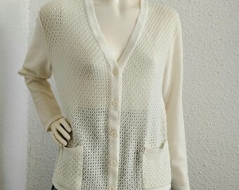 Cárdigan de malla delicada y transparente de los años 70, cárdigan de rejilla con cuello en V, top de encaje básico simple y minimalista