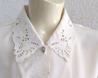 80s embroidered collar blouse minimalist CANDA blouse delicate romantic blouse floral embroidery blouse button up shirt neutral beige blouse