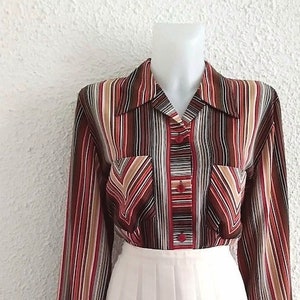 80s does 50s striped colorful long sleeve blouse pointy collar two pockets on the chest buttoned shirt elegante spring shirt XL size