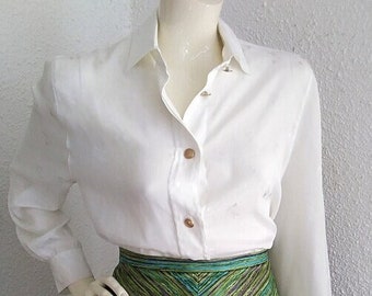 80er MARIO ROSELLA minimalistische Bluse mit Pferdekutschenmuster, cremefarbene Jacquard-Bluse, Knopfleiste, Frühlings-Basic-Bluse