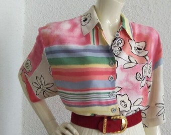 Blusa arco iris de los años 90 botón hasta camisa colorida camisa de verano 10 tamaño EE.UU. blusa de bloque de color viscosa blusa a rayas blusa floral multicolor