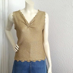 70s lurex stretchy top sleeveless golden disco blouse crochet hem metallic fiber blouse simple minimal evening top cocktail basic blouse