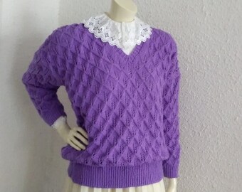 80er Jahre lac Pullover handgestrickter Pullover Lochmuster Pullover Mauve Pulli V-Ausschnitt zierlich Sommerpulli helles Lavendel Top