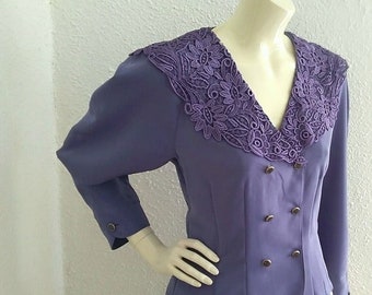 Blusa lilás dos anos 80, trespassado 38 tamanho grande, gola de renda puritana, blusa lavanda, blusa elegante de primavera, blusa extravagante, top romântico lilás