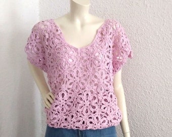 90s crochet blouse pastel pale pink sheer blouse floral crochet lace top handknitted summer blouse decolette top romantic cottagecore blouse