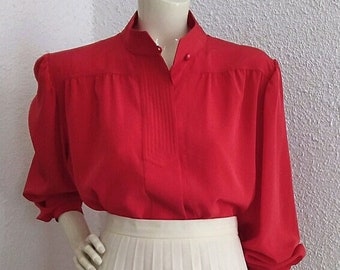 80er Jahre rote Bluse, Größe 42, romantische feminine Bluse, Puffärmel, Bluse im viktorianischen Stil, Bischofskragen, einfache Basic-Bluse, gesteppter Kragen