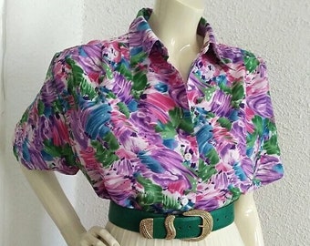 Camicetta anni '80 taglia 38 camicetta estiva colorata camicetta con motivo geometrico camicia con bottoni camicetta a maniche corte con elastico in vita camicetta gipsy multicolore