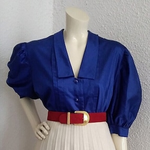 80s royal blue blouse puffy sleeve elegant blouse statement blouse sailor collar blouse cotton summer minimalist basic blouse simple blouse