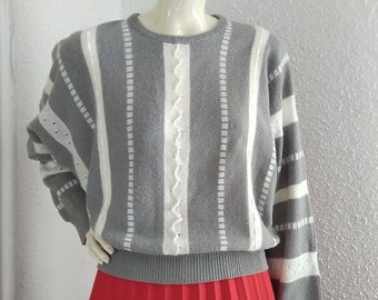 Maglione pop-art anni '80 maglione grigio manica dolman strisce verticali maglione manica a pipistrello pullover a vita alta maglione a righe acrilico/lana/angora