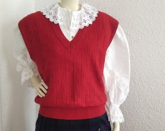 Gilet en laine des années 70-80 à col en V gilet rouge foncé motif géométrique gilet d'hiver gilet en laine simple minimaliste gilet de printemps basique taille 50 tricots vintage